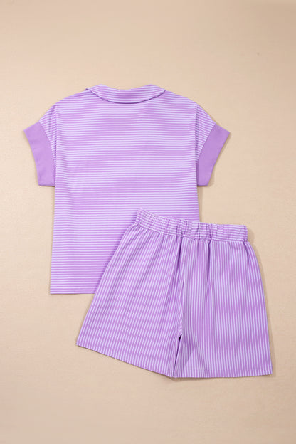 Purple Stripe Dolman Sleeve Polo Shirt and Drawstring Shorts Set
