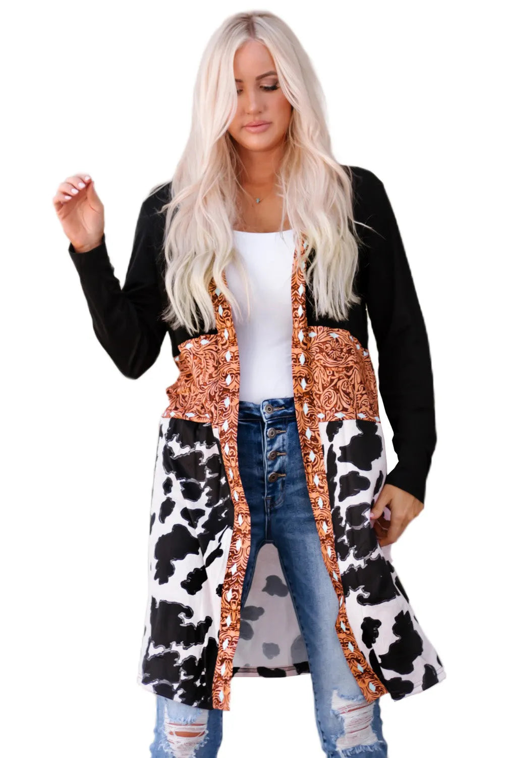 Black Western Pattern Cow Patchwork Open Front Cardigan - Chic Meadow Boutique 