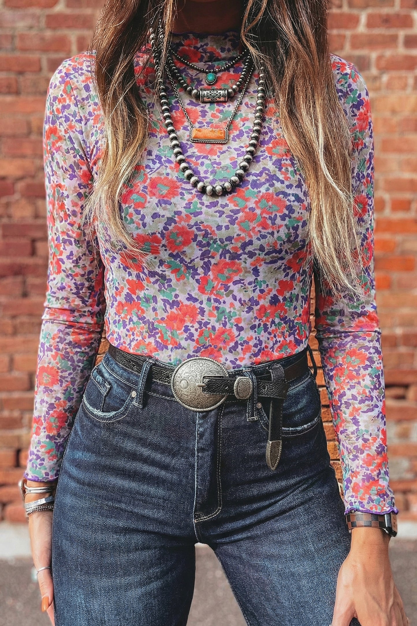Blue Slim Fit Floral Mesh Long Sleeve Mock Neck Top