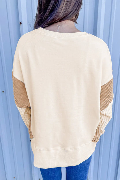 Tops/Sweatshirts & Hoodies Apricot Corduroy Patchwork Drop Shoulder Long Sleeve Sweatshirt