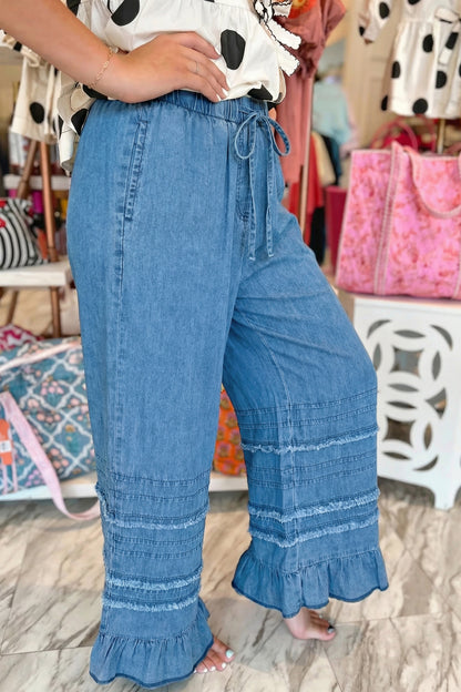 Dusk Blue Ruffled Hem Wide Leg Chambray Pants