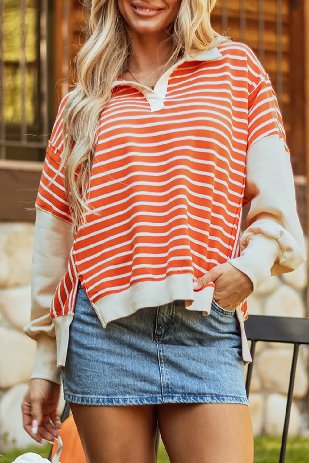 Orange Stripe Color Block Loose Fit Collared Drop Shoulder Sweatshirt - Chic Meadow Boutique 