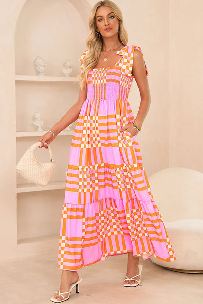 Pink Boho Gingham Tied Straps Smocked Maxi Dress - Chic Meadow Boutique 