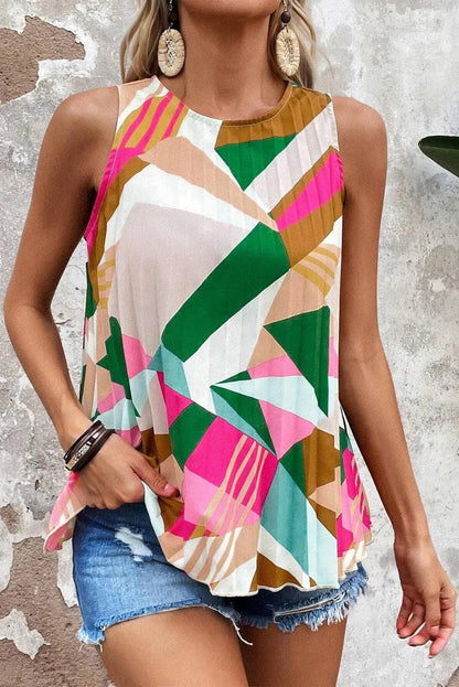 Tops/Tank Tops Multicolour / S / 100%Polyester Multicolour Geometric Printed Pleated Shift Tank Top