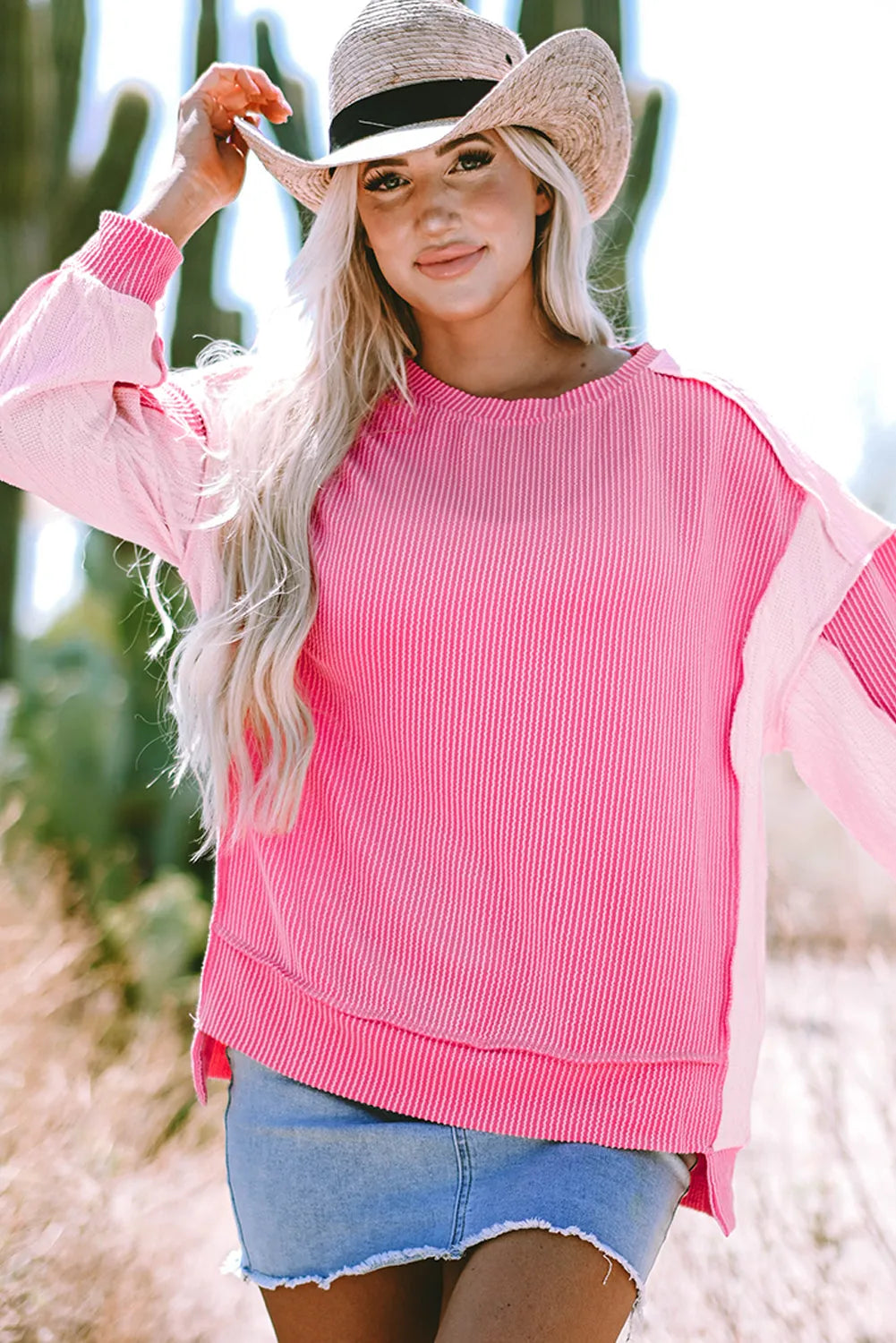 Bonbon Cable Knit Colorblock Exposed Seam Sweatshirt - Chic Meadow Boutique 