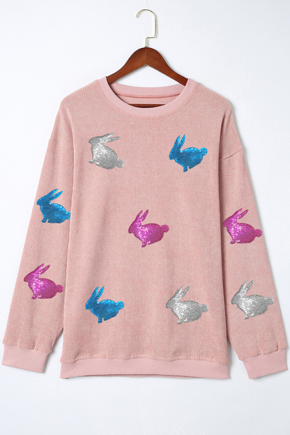 Pink Easter Bunny Patched Graphic Corded Baggy Sweatshirt