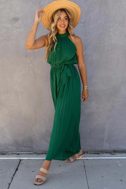 Green Halter Neck Pleated Wide Leg Jumpsuit with Belt - Chic Meadow Boutique 