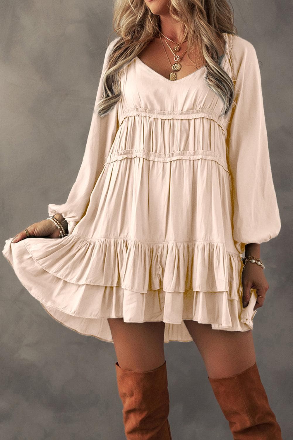 Dresses/Mini Dresses Apricot / S / 97%Polyester+3%Elastane Apricot Tiered Ruffled Puff Sleeve Loose Fit Mini Dress