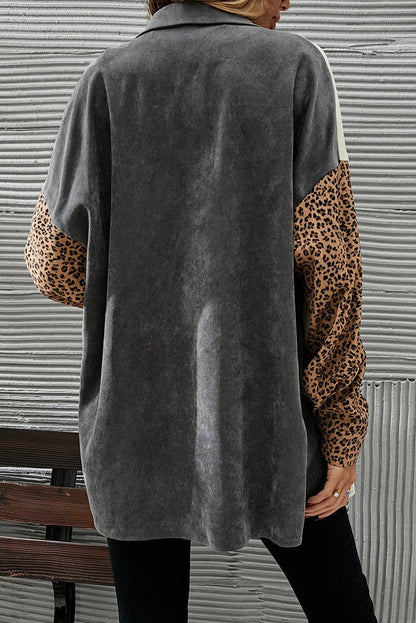 Gray Color Block Leopard Patched Corduroy Shacket - Chic Meadow Boutique 