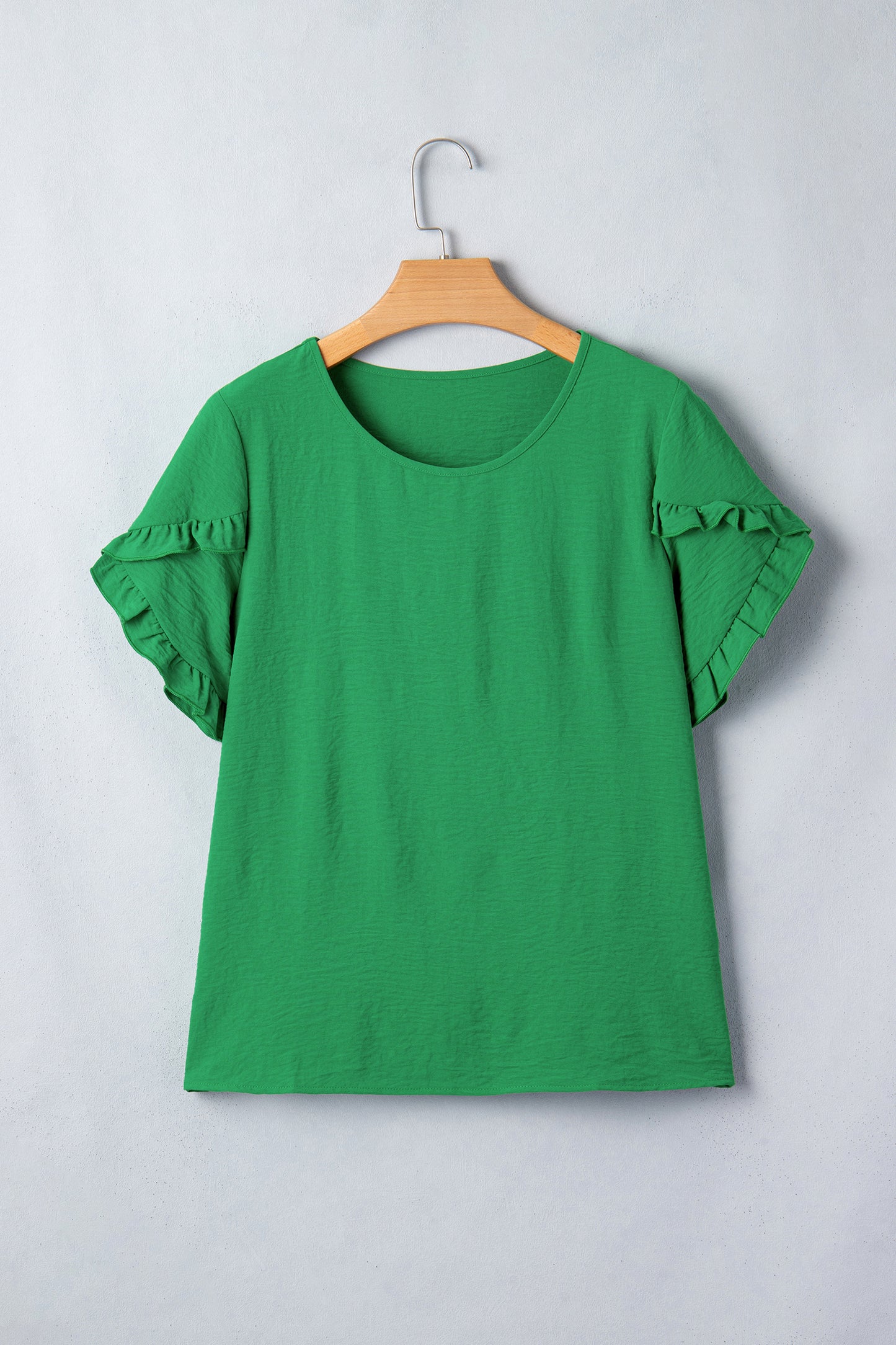 Sea Green Solid Color Ruffle Trim Short Sleeve Blouse