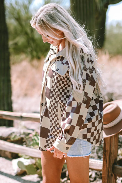 Brown Checkered Print Patchwork Corduroy Shacket - Chic Meadow Boutique 