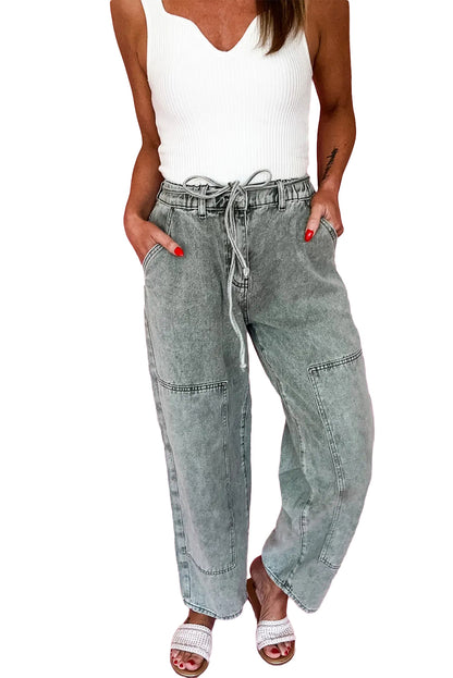 Gray Acid Wash Barrel Fit Denim Pants with Waist String