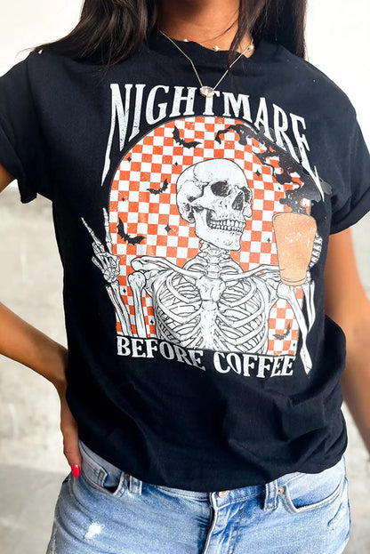 Black Nightmare Before Coffee Skull Checkerboard Graphic Halloween Tee - Chic Meadow Boutique 