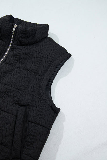 Black Textured Quilted Stand Neck Zipper Winter Vest