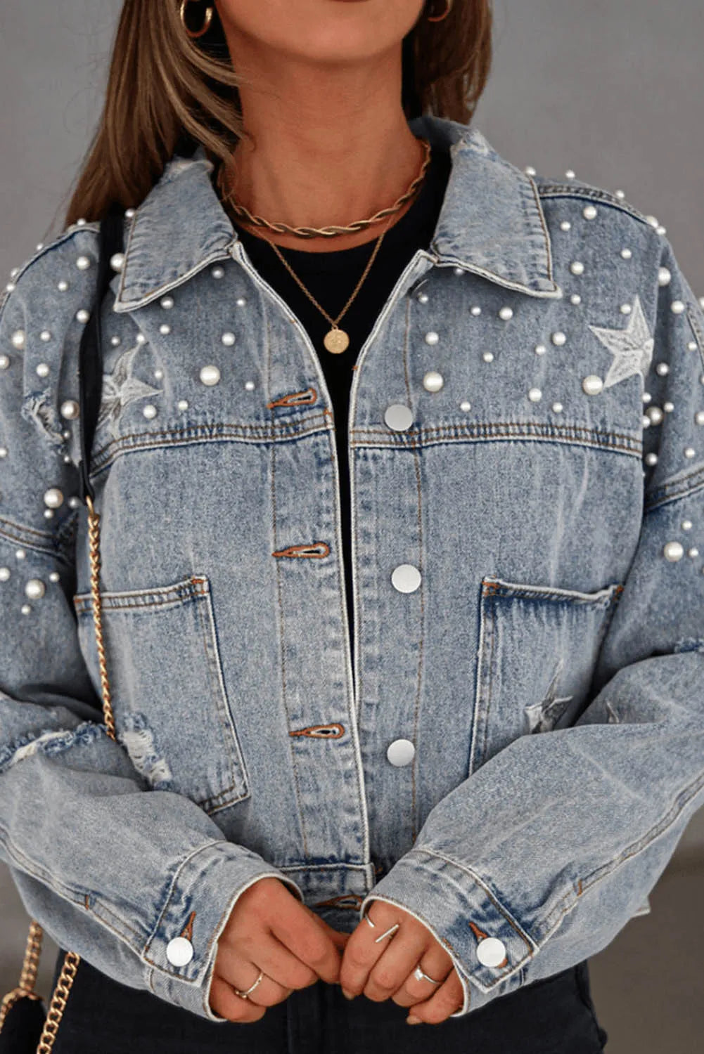 Sky Blue Distressed Pearls Star Cropped Denim Jacket - Chic Meadow Boutique 