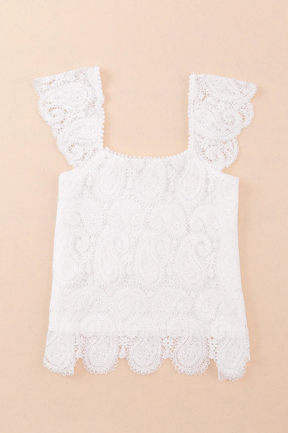 White Lace Crochet Ruffled Square Neck Tank Top - Chic Meadow Boutique 