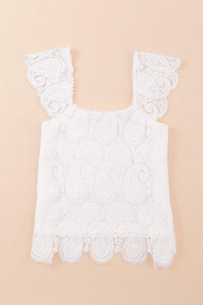 White Lace Crochet Ruffled Square Neck Tank Top - Chic Meadow Boutique 