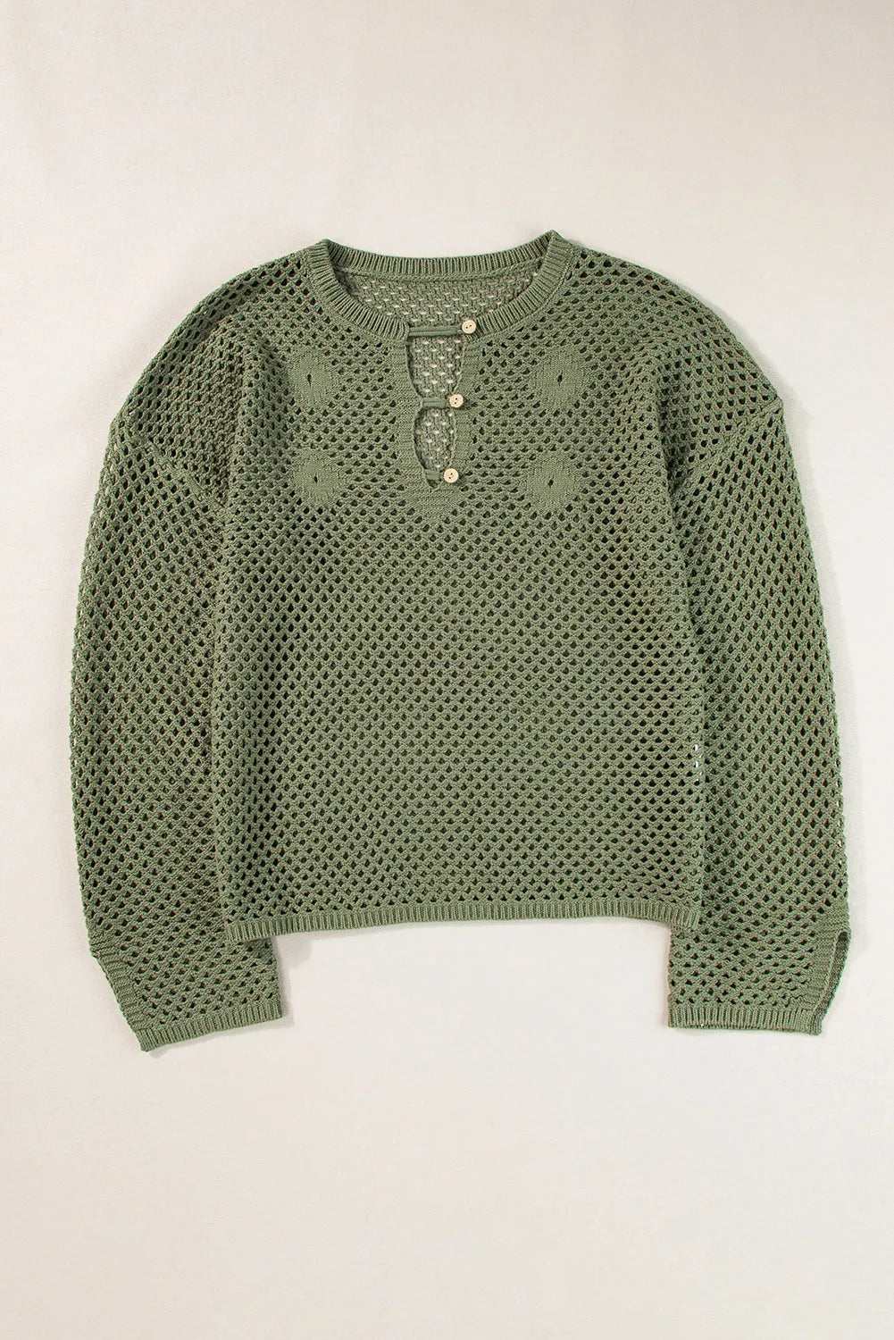 Vineyard Green Open Knit Buttoned Neck Split Sleeve Sweater - Chic Meadow Boutique 