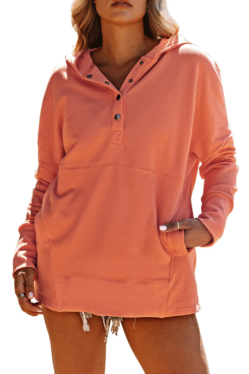 Orange Batwing Sleeve Pocketed Henley Hoodie - Chic Meadow Boutique 