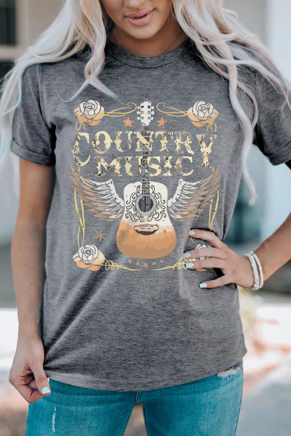 Gray COUNTRY MUSIC Guitar Graphic Print Crew Neck T Shirt - Chic Meadow Boutique 