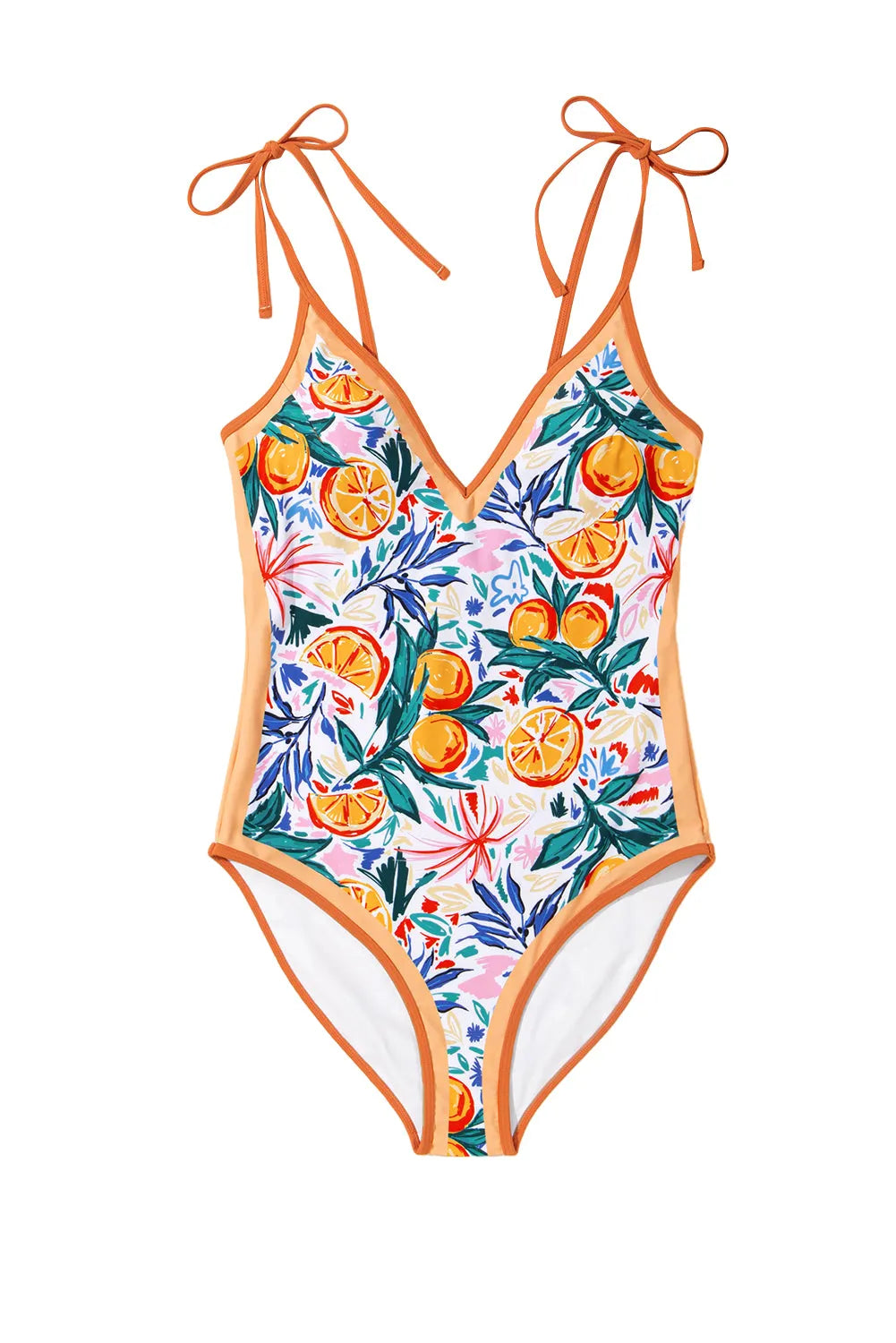 Orange Fruit Plant Print Tied Straps V Neck One Piece Swimsuit - Chic Meadow Boutique 