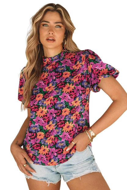 Tops/Blouses & Shirts Multicolor Floral Print Round Neck Puff Sleeve Blouse