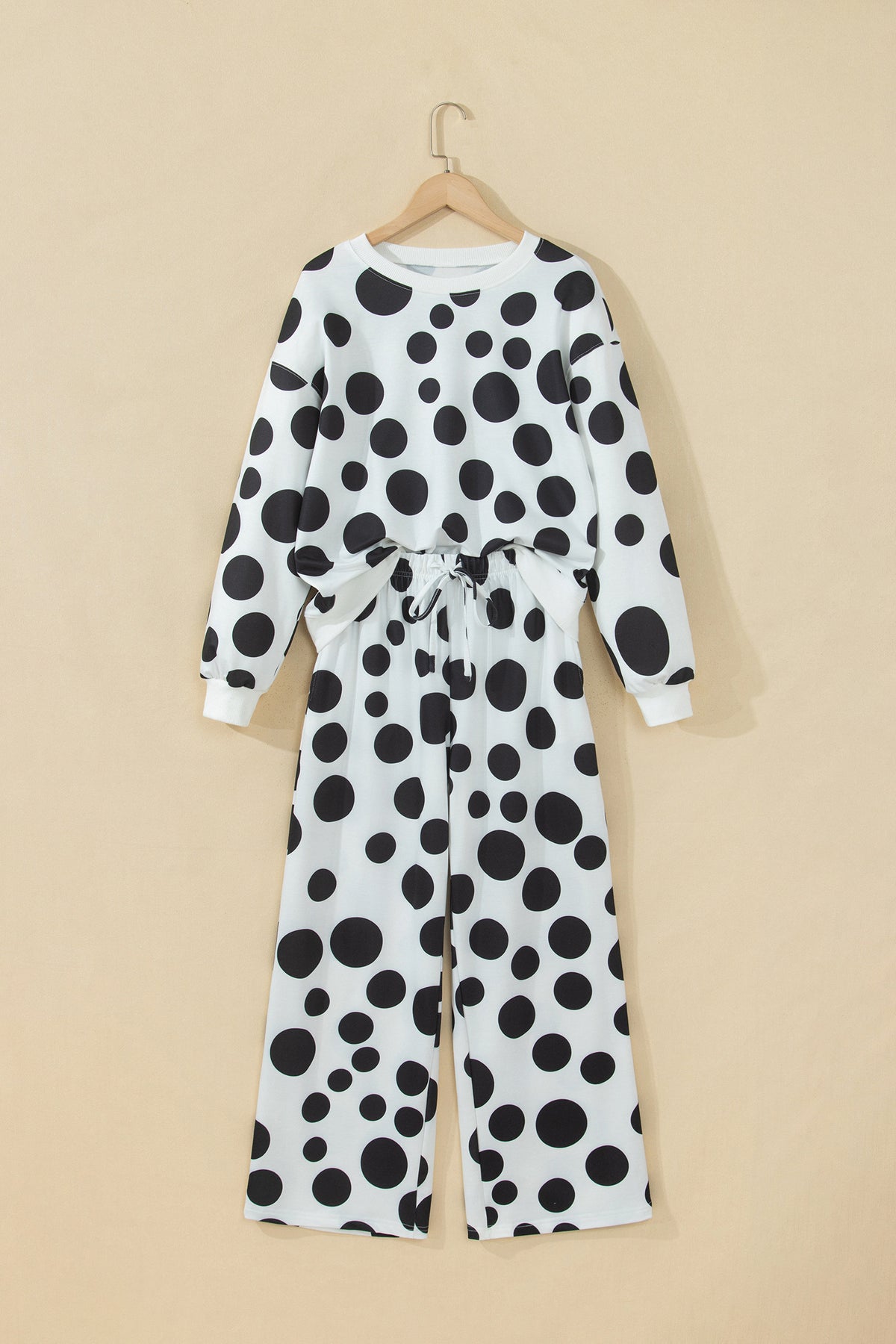 White Polka Dot Long Sleeve Top Drawstring Relaxed Pants Set