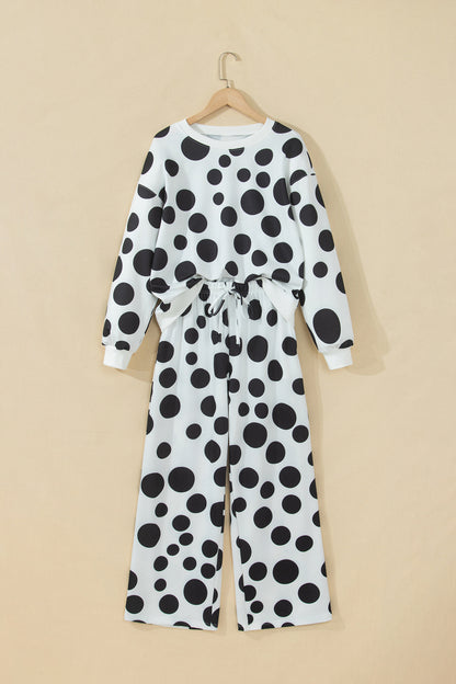 White Polka Dot Long Sleeve Top Drawstring Relaxed Pants Set