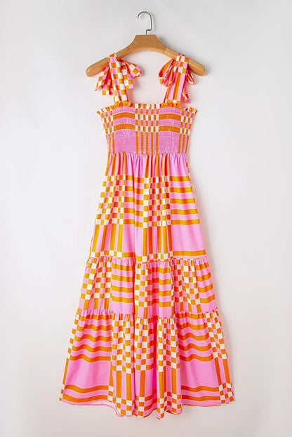 Pink Boho Gingham Tied Straps Smocked Maxi Dress - Chic Meadow Boutique 