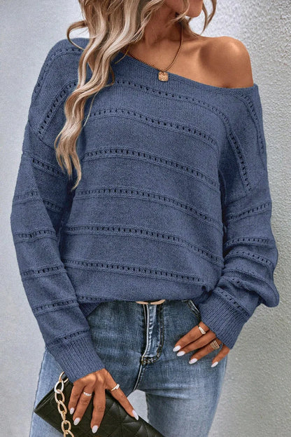 Real Teal Boat Neck Drop Shoulder Pointelle Knit Sweater - Chic Meadow Boutique 