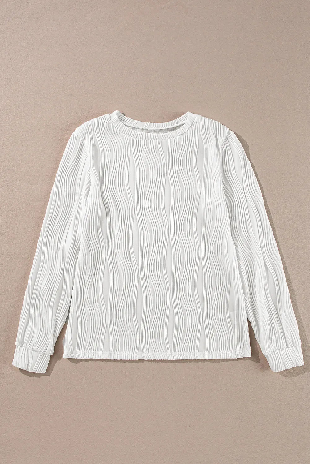 White Textured Wavy Round Neck Long Sleeve Top - Chic Meadow Boutique 