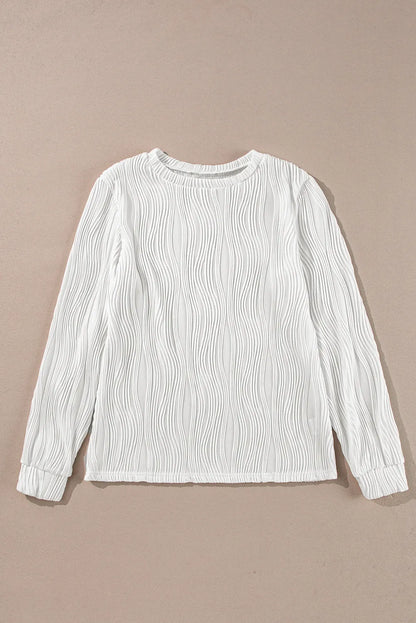 White Textured Wavy Round Neck Long Sleeve Top - Chic Meadow Boutique 