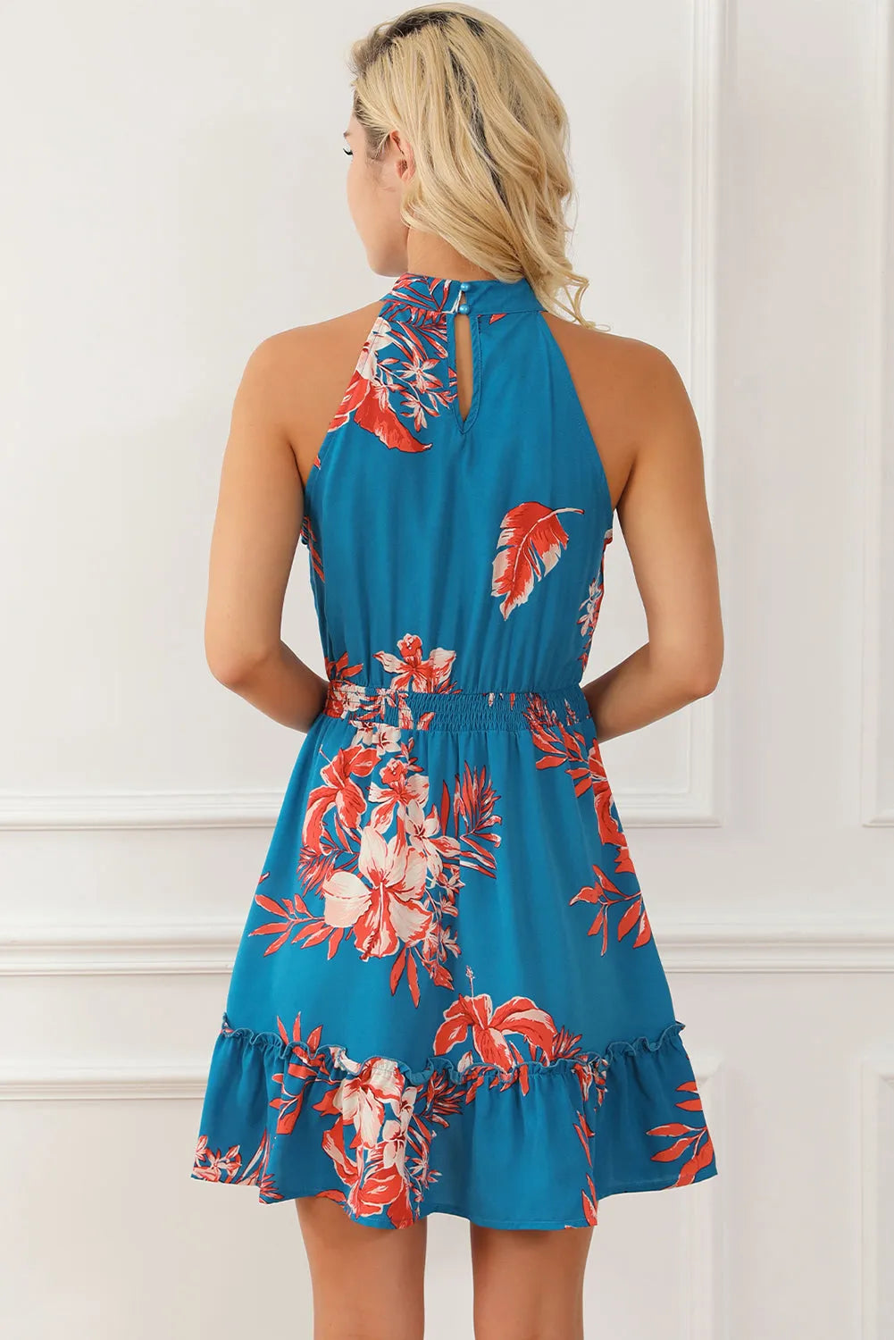 Sky Blue Floral Print Sleeveless Ruffled Mini Dress - Chic Meadow Boutique 