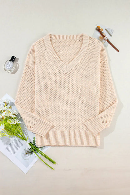 Parchment Loose Eyelet V Neck Drop Shoulder Sweater - Chic Meadow Boutique 