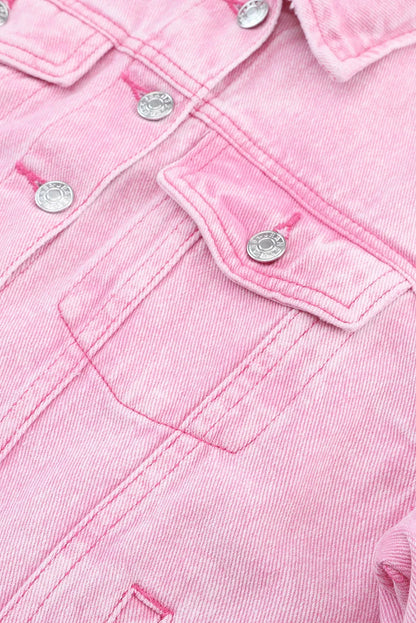 Pink Acid Wash Button Flap Pocket Denim Jacket - Chic Meadow Boutique 