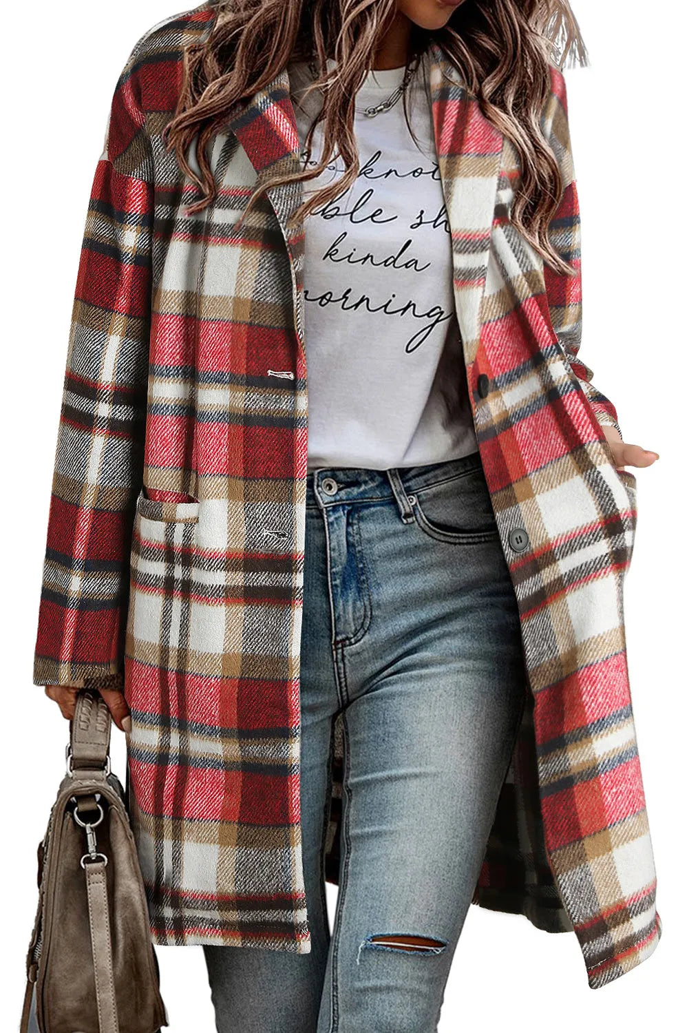 Fiery Red Plaid Button Up Lapel Jacket - Chic Meadow Boutique 