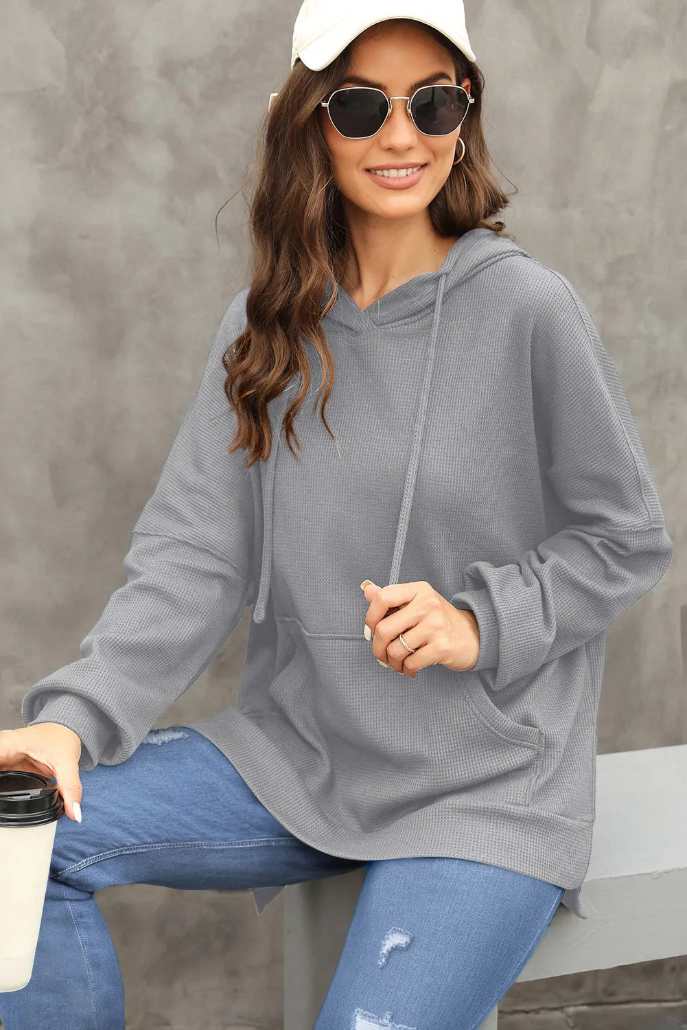 Gray Waffle Knit Fleece Lined High Low Oversized Hoodie - Chic Meadow Boutique 