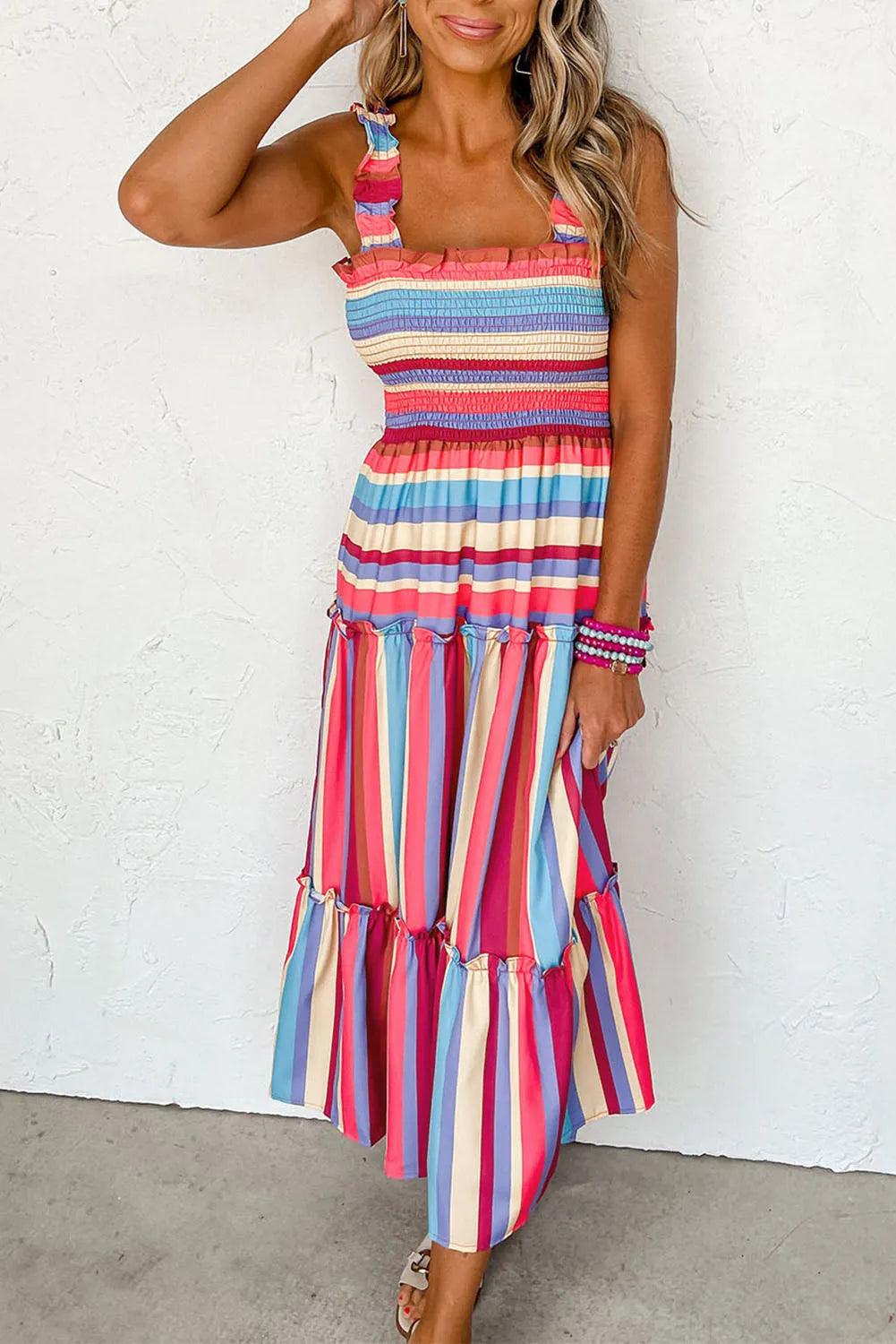 Red Stripe Ruffled Straps Smocked Tiered Long Dress - Chic Meadow Boutique 