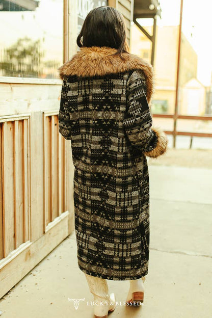 Grey Black Aztec W Fur Collar & Sleeves Hem Long Coat