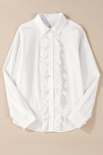 White Lace Crochet Trim Turn Down Collar Buttoned Shirt - Chic Meadow Boutique 