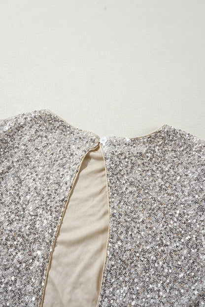 Silvery Sequin Puff Sleeve Cutout Back Blouse - Chic Meadow Boutique 