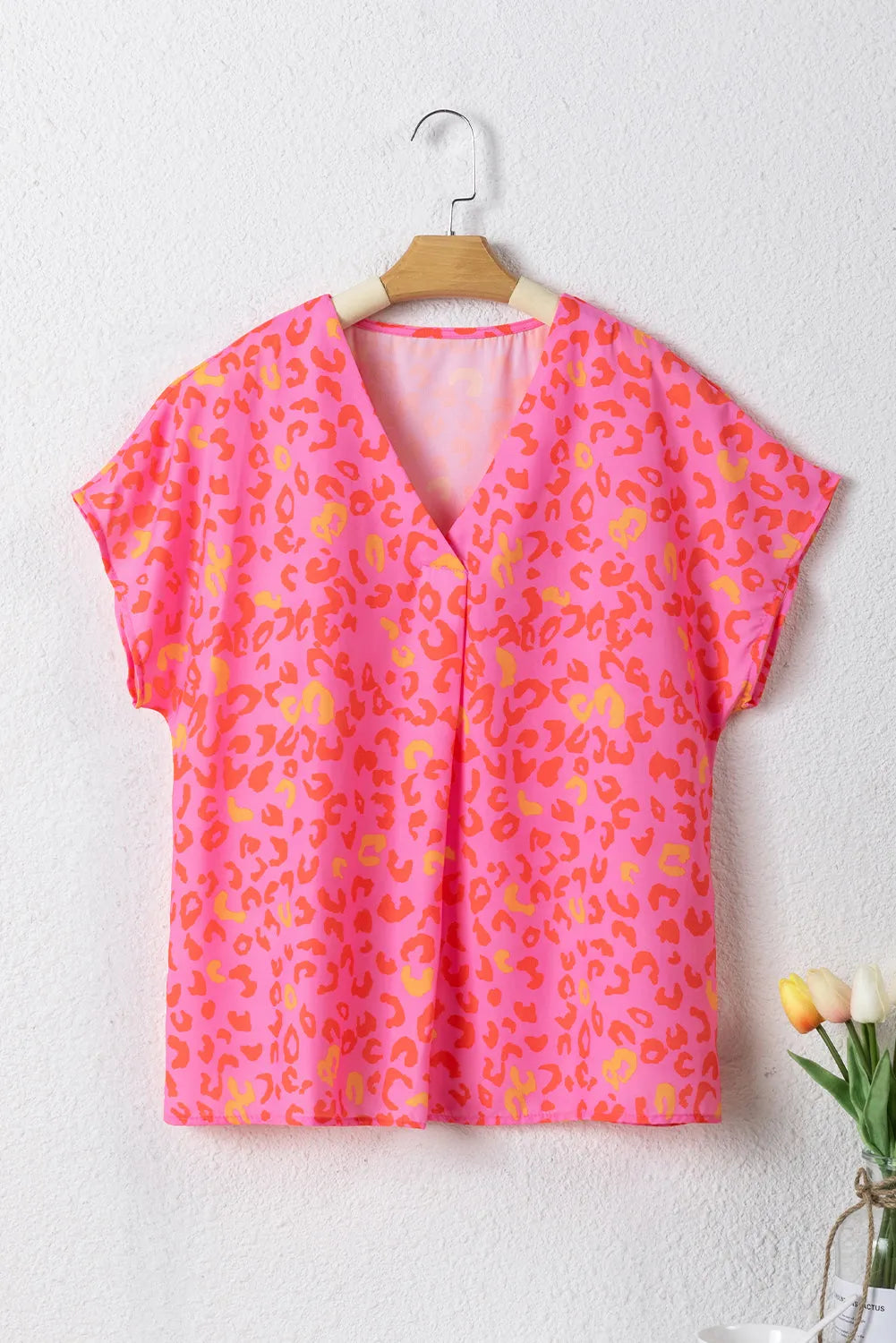 Pink Leopard V Neck Short Sleeve Blouse - Chic Meadow Boutique 