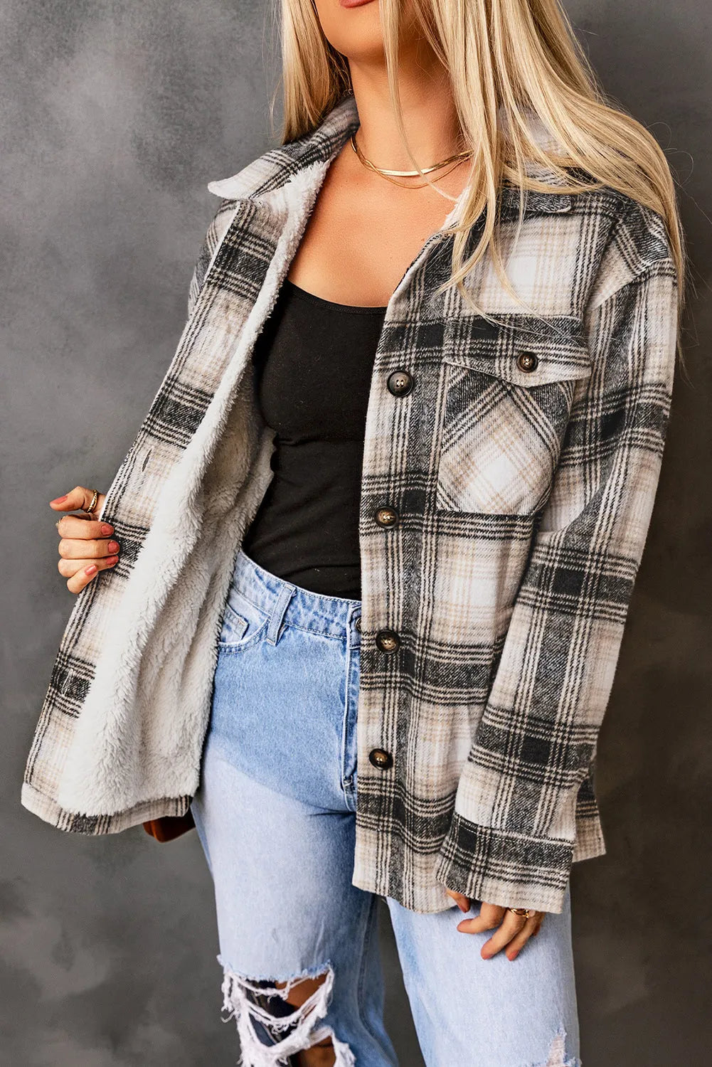 Black Vintage Plaid Fleece Lining Jacket - Chic Meadow Boutique 