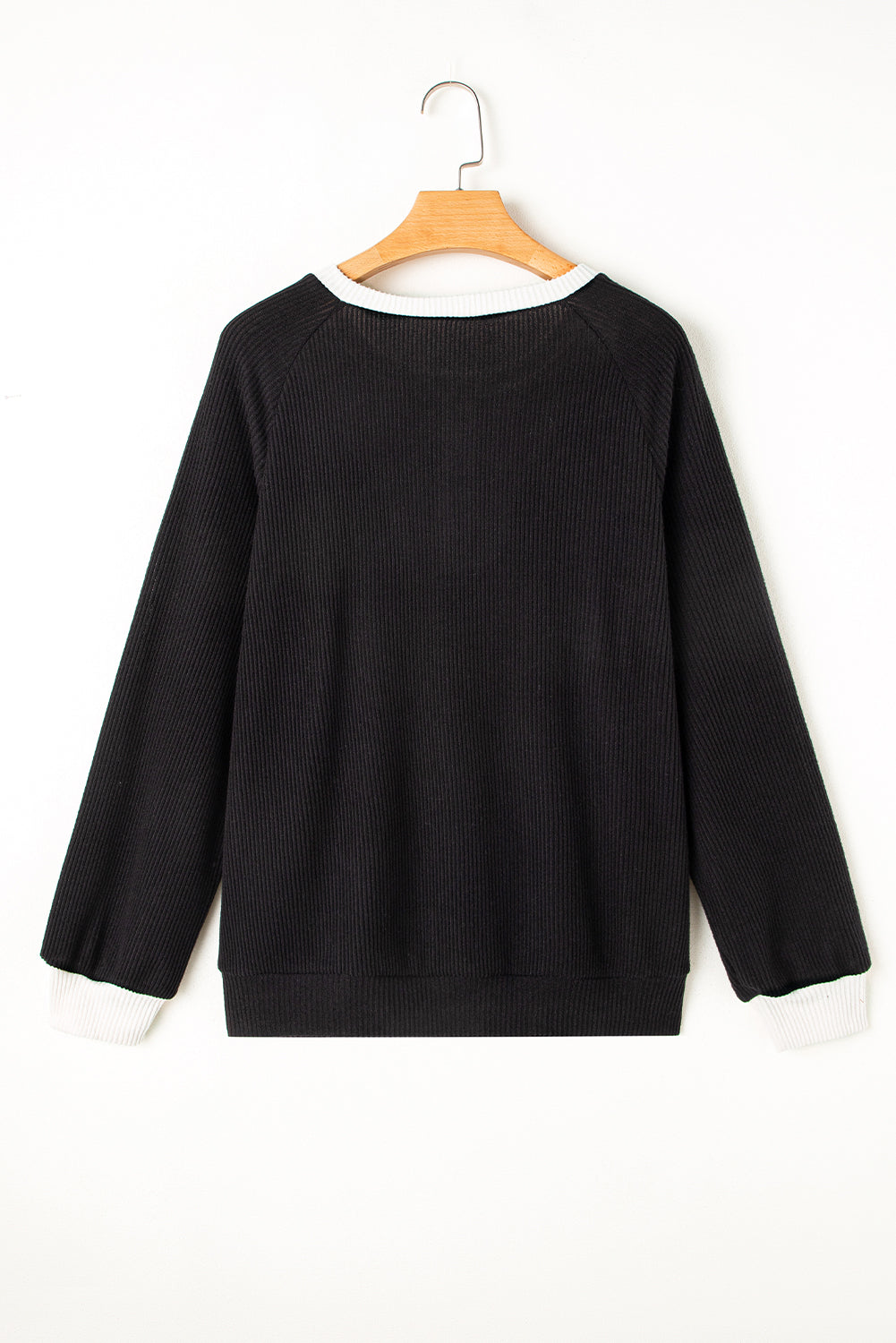 Black Color Contrast Ribbed Loose Fit Long Sleeve Top