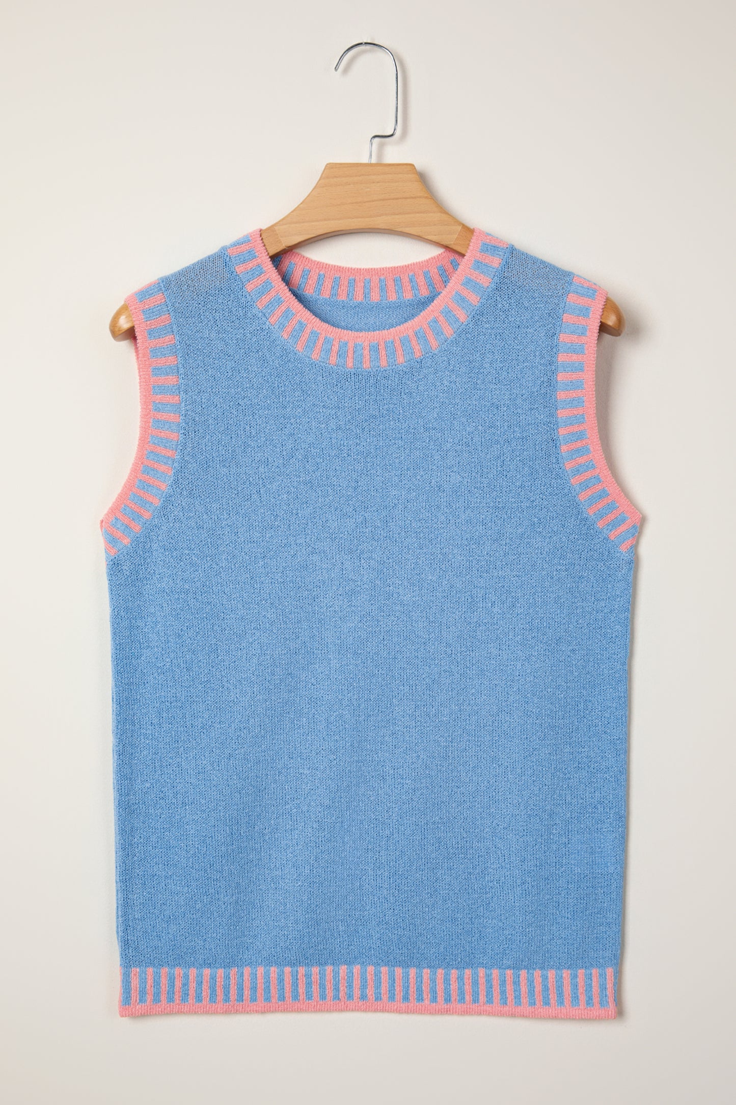 Sky Blue Contrast Trim Round Neck Sleeveless Sweater