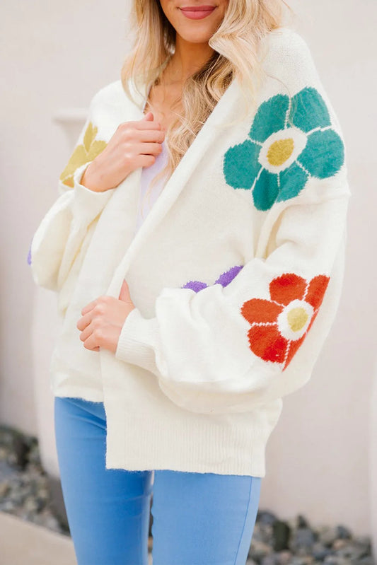 White Flower Jacquared Bubble Sleeve Open Cardigan - Chic Meadow Boutique 