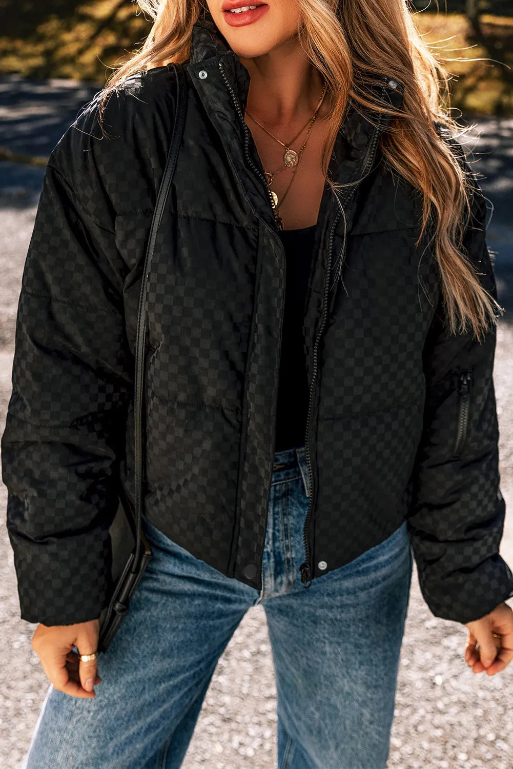 Black Checkerboard Full Zipper Puffer Jacket - Chic Meadow Boutique 