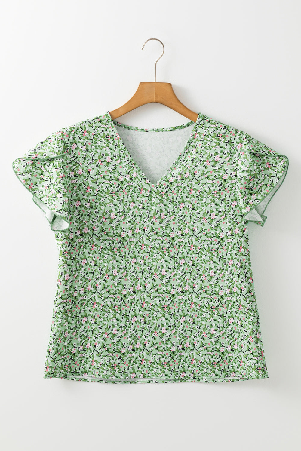 Green Boho Floral V Neck Wrap Short Sleeve Blouse