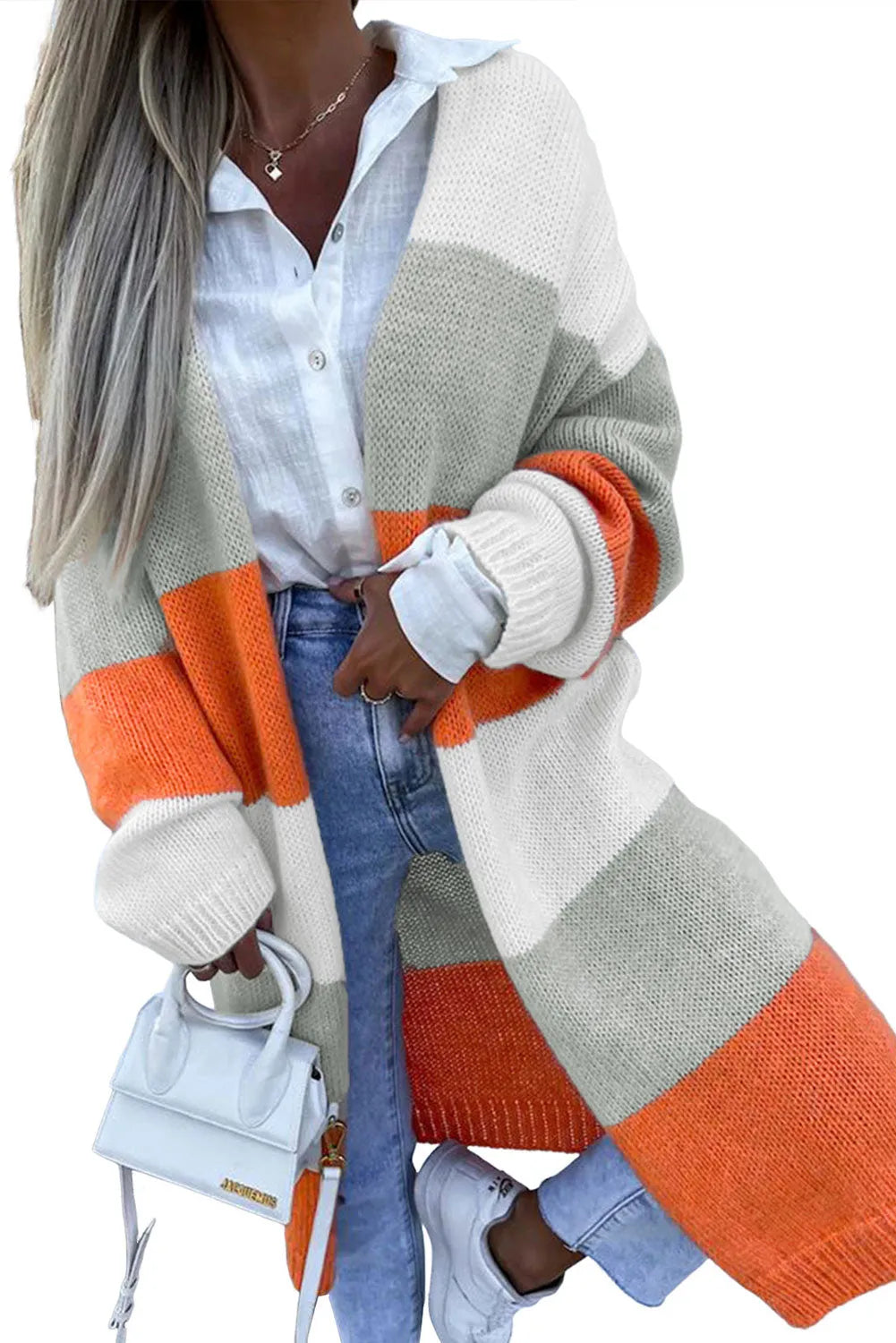 Orange Striped Color Block Drop Shoulder Midi Cardigan - Chic Meadow Boutique 