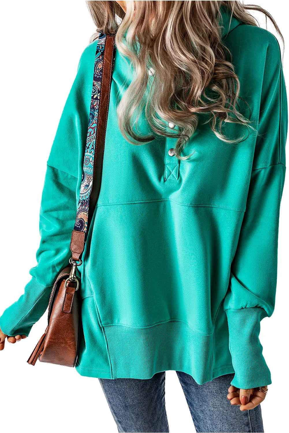 Turquoise Batwing Sleeve Pocketed Henley Hoodie - Chic Meadow Boutique 